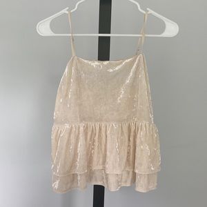 American Eagle Crushed Velvet Smocked Tiered Babydoll Cream Tank Top